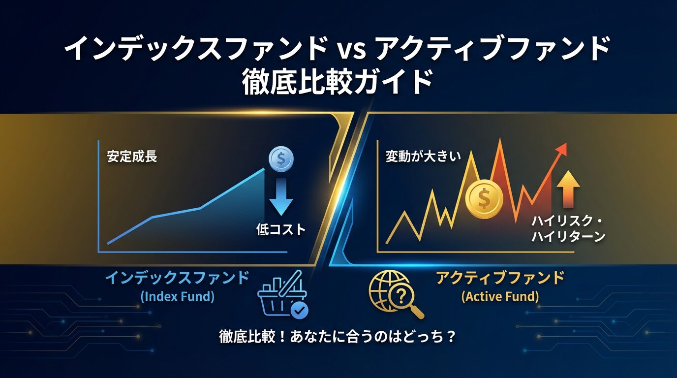 インデックスファンドとアクティブファンドの比較イメージ図｜左側にインデックスの安定した右肩上がりチャート、右側にアクティブの高ボラティリティチャート、ネイビー×ゴールド配色、2026年最新版