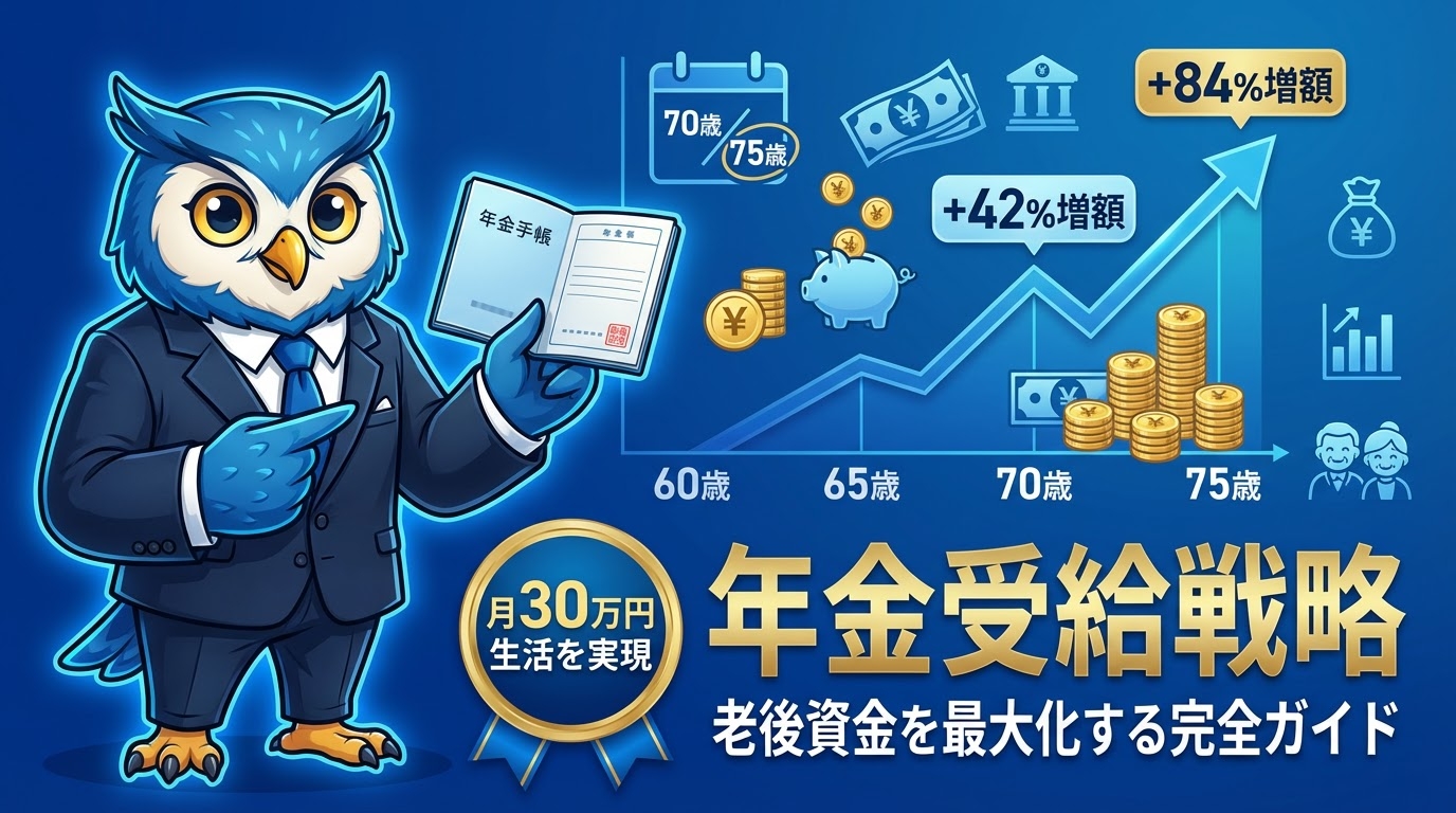 新NISA×年金受給の最適戦略を示すシミュレーション表。年金受給開始年齢（60歳・65歳・70歳・75歳）別の月額年金額、新NISA取り崩し額、合計収入、85歳時点の資産残高を比較。4%ルールと定額取り崩しの違いも図解で説明。